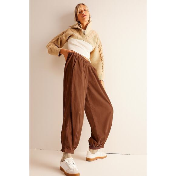 Free People To The Sky Parachute Pants Small Slouchy Trousers Brown Boho Pull On - Picture 1 of 16